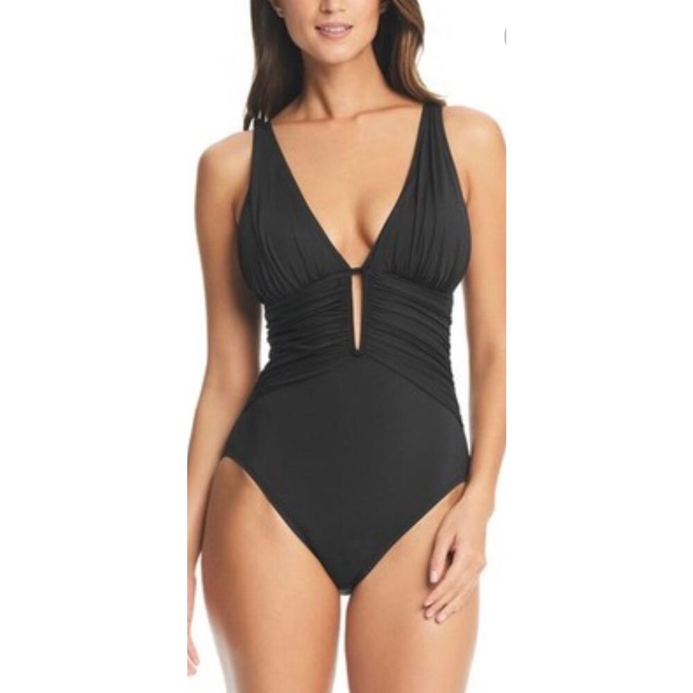 Bleu Rod Beattie Black Plus Size Ruched One Piece Swim Suit 22W NWT